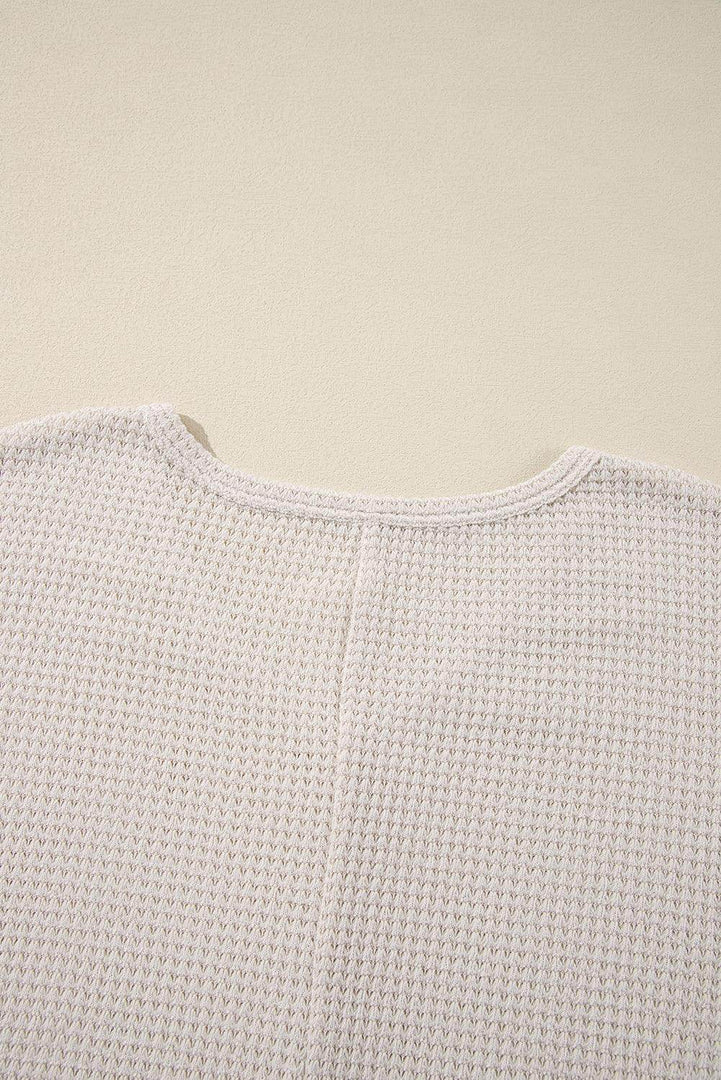 Rose Red Waffle Knit Side Slits Loose Fit V Neck Top - Fashion Queen -  21