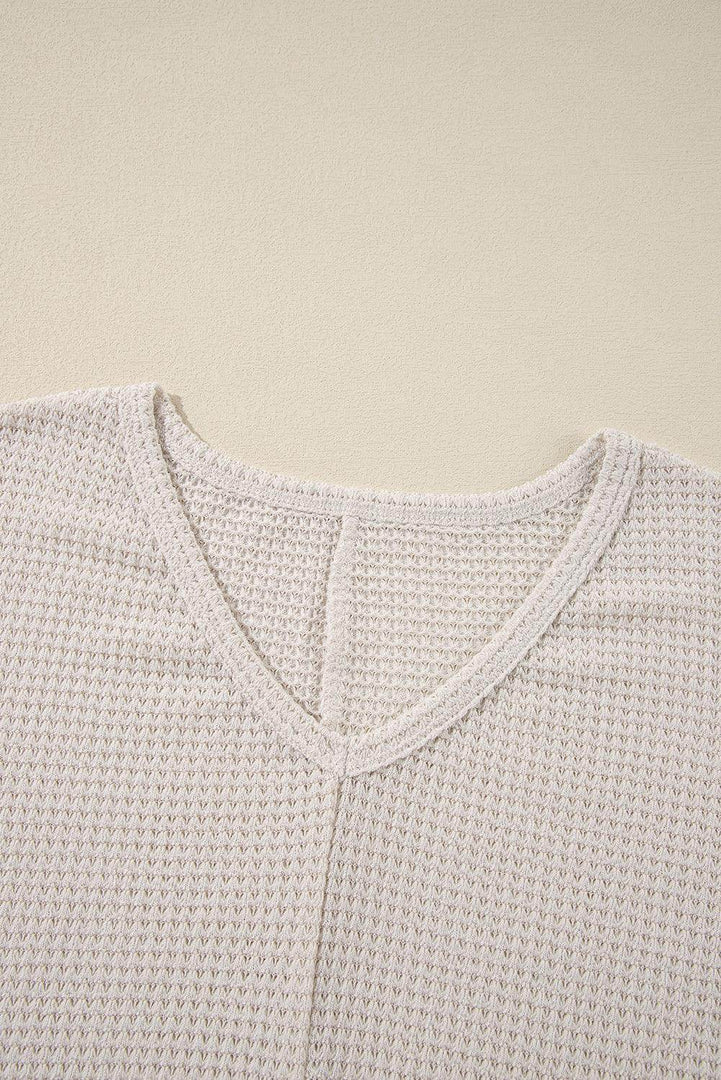 Rose Red Waffle Knit Side Slits Loose Fit V Neck Top - Fashion Queen -  22
