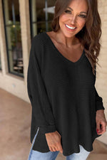 Load image into Gallery viewer, Rose Red Waffle Knit Side Slits Loose Fit V Neck Top - Fashion Queen -  26
