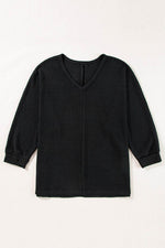 Load image into Gallery viewer, Rose Red Waffle Knit Side Slits Loose Fit V Neck Top - Fashion Queen -  27
