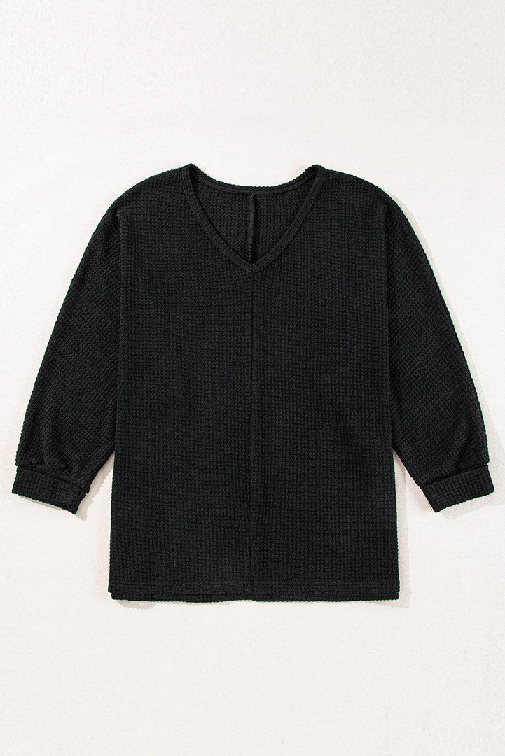Rose Red Waffle Knit Side Slits Loose Fit V Neck Top - Fashion Queen -  27