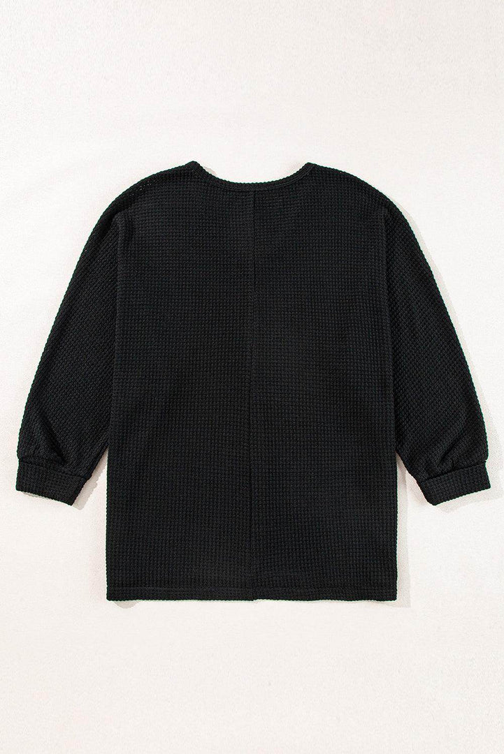 Rose Red Waffle Knit Side Slits Loose Fit V Neck Top - Fashion Queen -  28