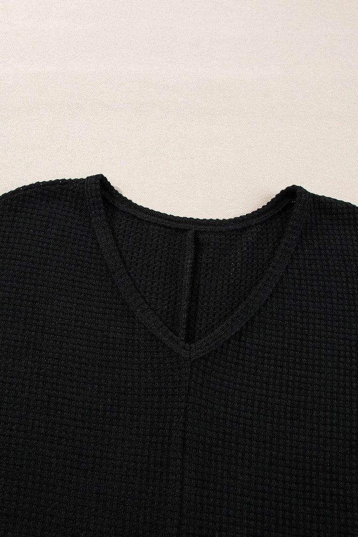 Rose Red Waffle Knit Side Slits Loose Fit V Neck Top - Fashion Queen -  29