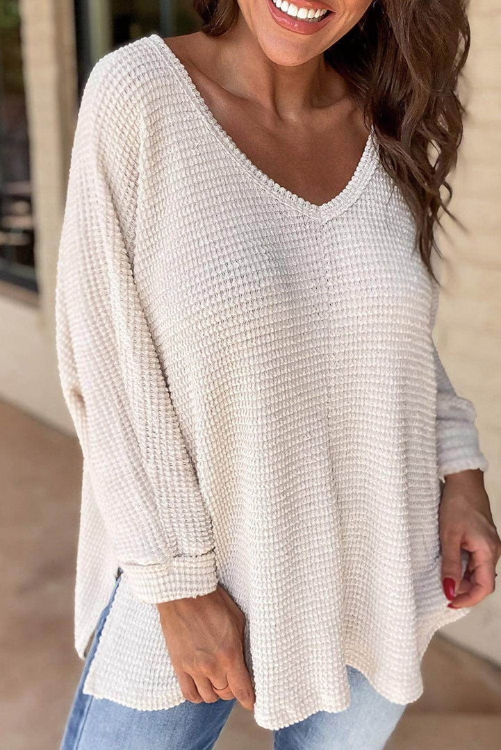 Rose Red Waffle Knit Side Slits Loose Fit V Neck Top - Fashion Queen -  4