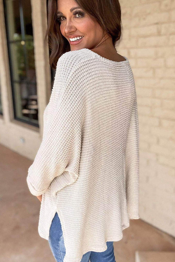 Rose Red Waffle Knit Side Slits Loose Fit V Neck Top - Fashion Queen -  5