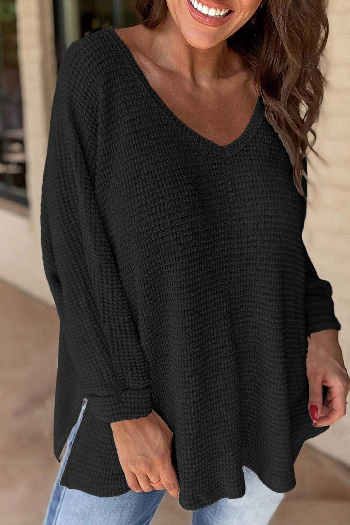 Rose Red Waffle Knit Side Slits Loose Fit V Neck Top - Fashion Queen -  7