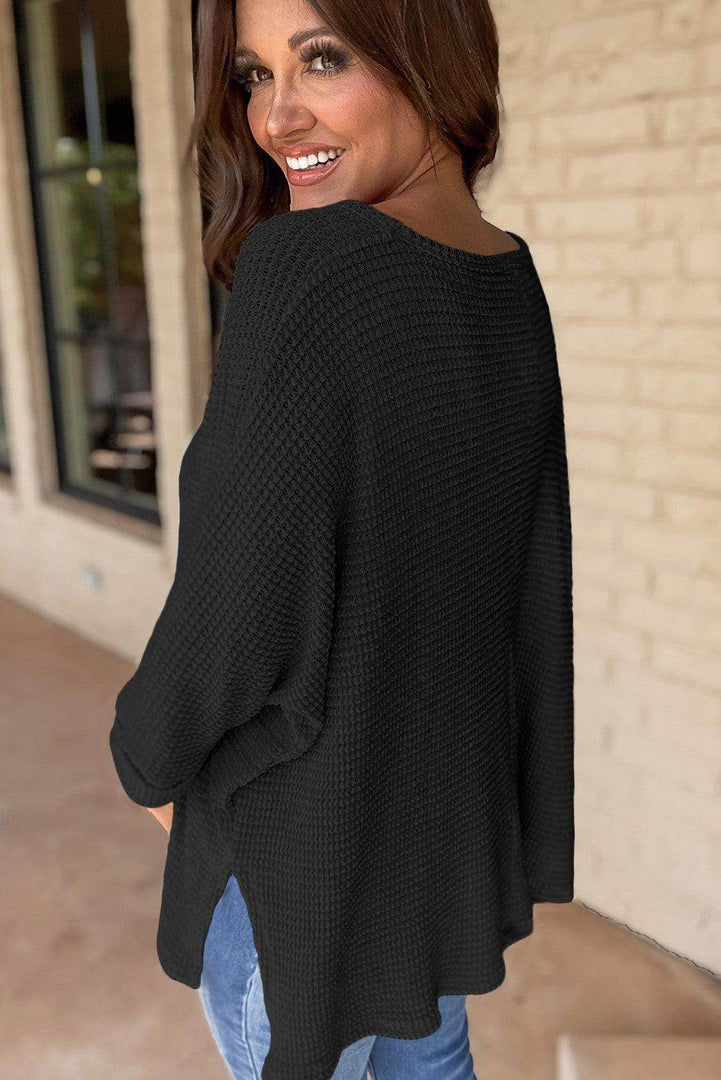 Rose Red Waffle Knit Side Slits Loose Fit V Neck Top - Fashion Queen -  8