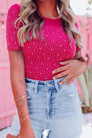 Rose Rhinestone Allover Round Neck Short Sleeve Bodysuit - Fashion Queen -  1