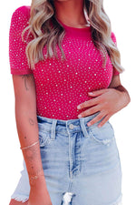 Load image into Gallery viewer, Rose Rhinestone Allover Round Neck Short Sleeve Bodysuit - Fashion Queen -  3
