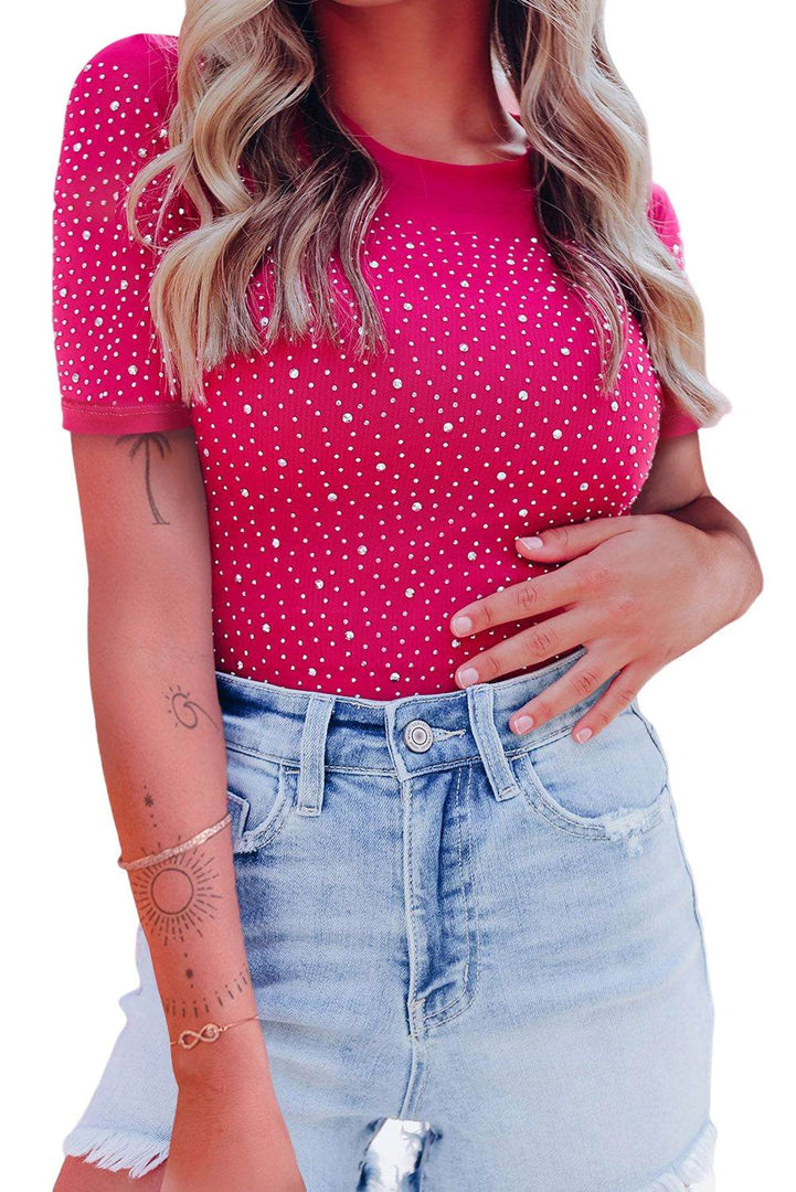 Rose Rhinestone Allover Round Neck Short Sleeve Bodysuit - Fashion Queen -  3