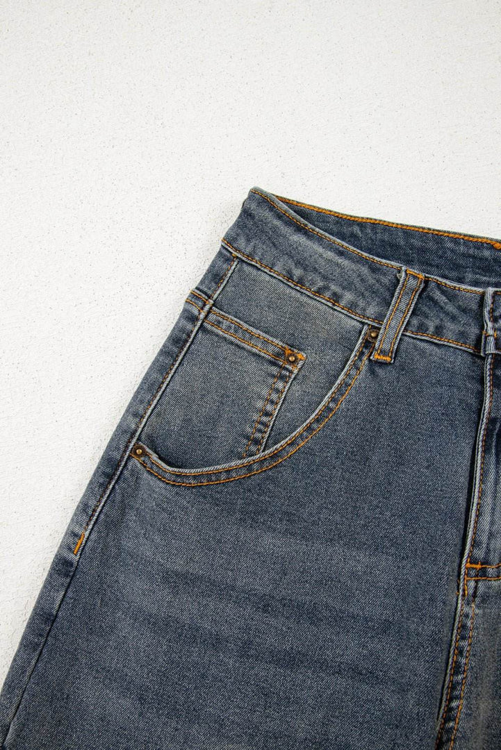 Sail Blue Exposed Stitching Loose Straight High Waist Jeans - Fashion Queen -  14