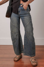 Load image into Gallery viewer, Sail Blue Exposed Stitching Loose Straight High Waist Jeans - Fashion Queen -  4
