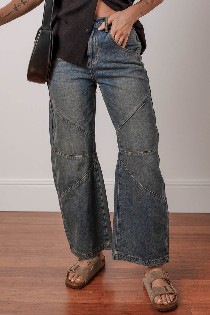 Sail Blue Exposed Stitching Loose Straight High Waist Jeans - Fashion Queen -  4