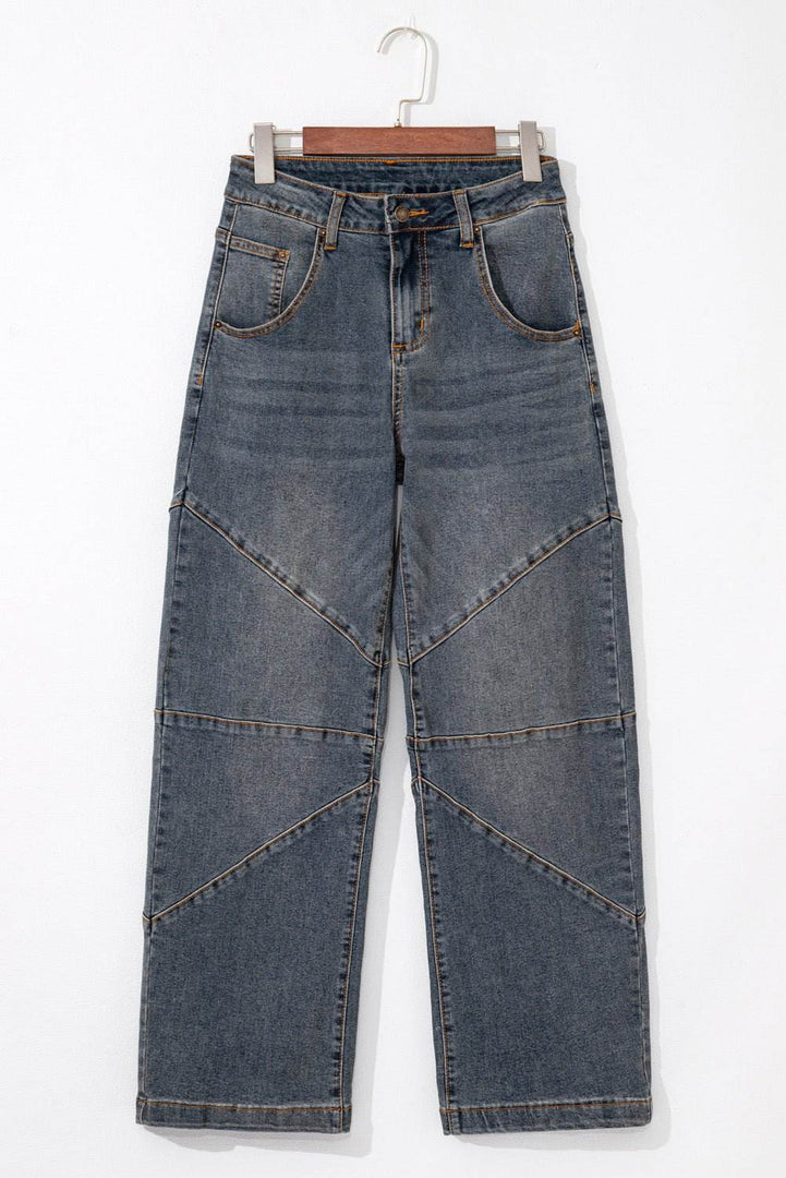 Sail Blue Exposed Stitching Loose Straight High Waist Jeans - Fashion Queen -  6