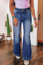 Load image into Gallery viewer, Sail Blue High Rise Dual Button Distressed Raw Hem Flared Jeans - Fashion Queen -  1
