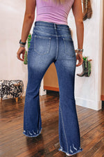 Load image into Gallery viewer, Sail Blue High Rise Dual Button Distressed Raw Hem Flared Jeans - Fashion Queen -  2
