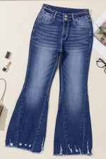 Load image into Gallery viewer, Sail Blue High Rise Dual Button Distressed Raw Hem Flared Jeans - Fashion Queen -  3
