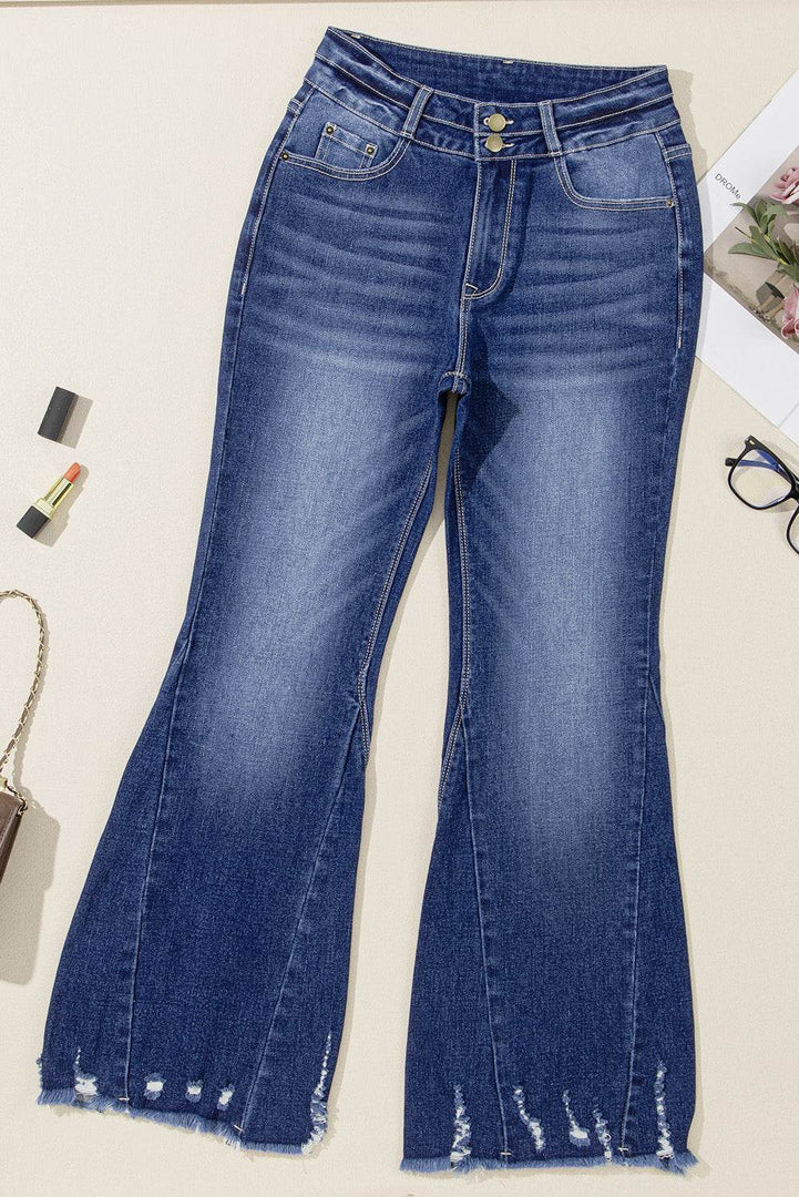 Sail Blue High Rise Dual Button Distressed Raw Hem Flared Jeans - Fashion Queen -  3
