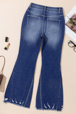 Load image into Gallery viewer, Sail Blue High Rise Dual Button Distressed Raw Hem Flared Jeans - Fashion Queen -  4
