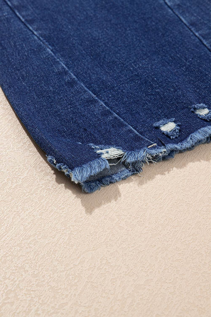 Sail Blue High Rise Dual Button Distressed Raw Hem Flared Jeans - Fashion Queen -  9