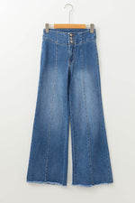 Load image into Gallery viewer, Sail Blue High Waist Button Fly Seamed Raw Hem Flare Jeans - Fashion Queen -  7
