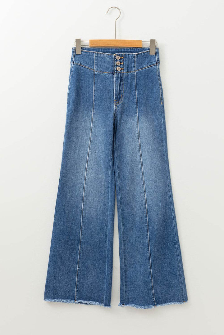 Sail Blue High Waist Button Fly Seamed Raw Hem Flare Jeans - Fashion Queen -  7