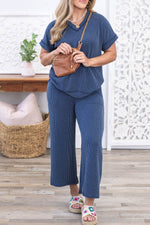 Load image into Gallery viewer, Sail Blue Ribbed V Neck Tee and Pants Plus Size Set - Fashion Queen -  1
