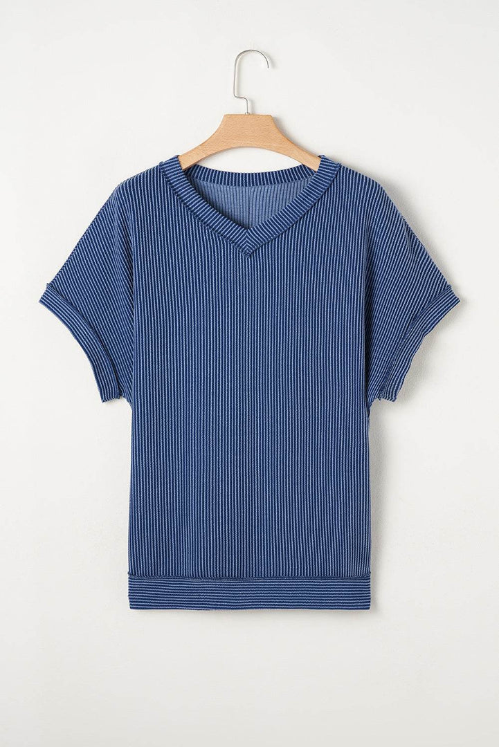 Sail Blue Ribbed V Neck Tee and Pants Plus Size Set - Fashion Queen -  13