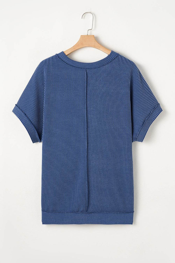 Sail Blue Ribbed V Neck Tee and Pants Plus Size Set - Fashion Queen -  14