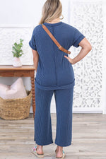 Load image into Gallery viewer, Sail Blue Ribbed V Neck Tee and Pants Plus Size Set - Fashion Queen -  2
