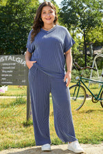 Load image into Gallery viewer, Sail Blue Ribbed V Neck Tee and Pants Plus Size Set - Fashion Queen -  6
