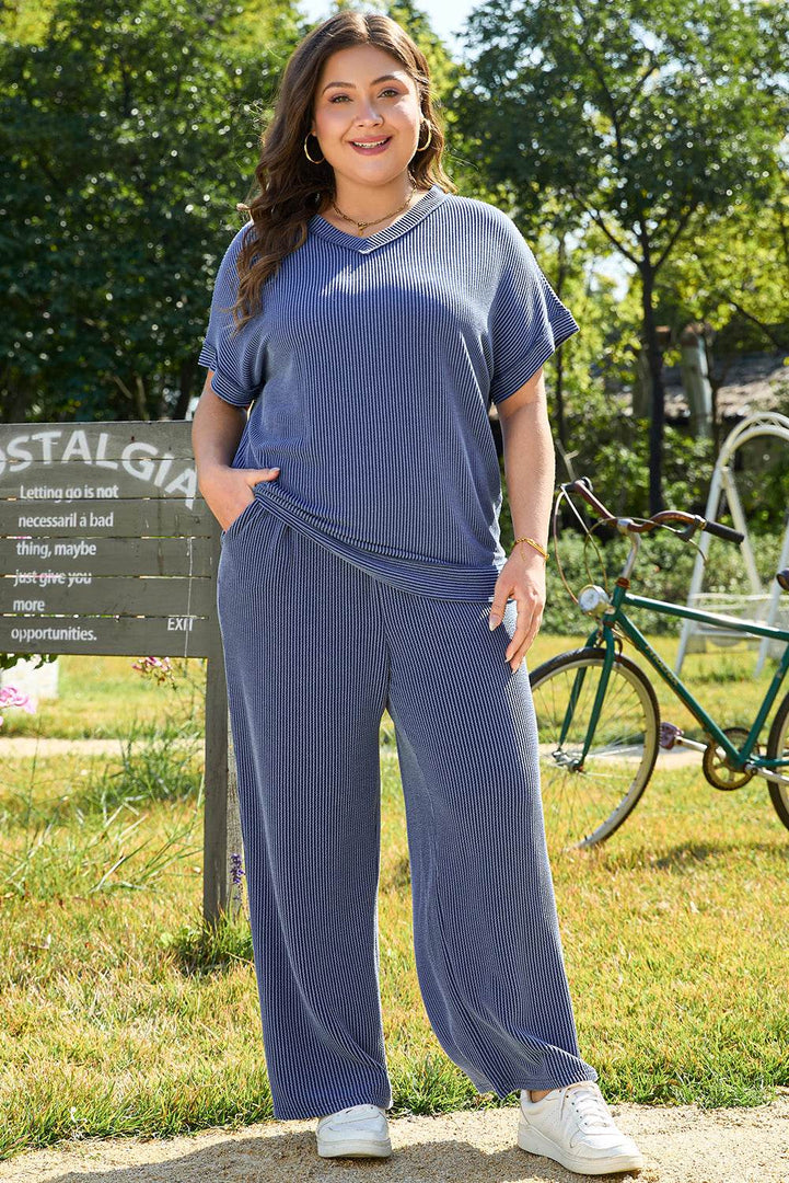 Sail Blue Ribbed V Neck Tee and Pants Plus Size Set - Fashion Queen -  6