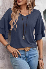 Load image into Gallery viewer, Sail Blue Solid Colour V-Neck Double Layer Sleeve Loose T-Shirt - Fashion Queen -  1
