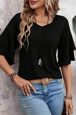 Load image into Gallery viewer, Sail Blue Solid Colour V-Neck Double Layer Sleeve Loose T-Shirt - Fashion Queen -  10
