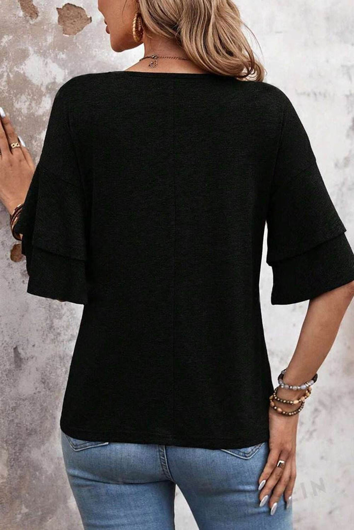 Sail Blue Solid Colour V-Neck Double Layer Sleeve Loose T-Shirt - Fashion Queen -  11