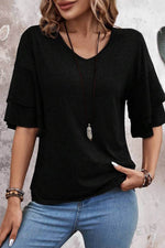 Load image into Gallery viewer, Sail Blue Solid Colour V-Neck Double Layer Sleeve Loose T-Shirt - Fashion Queen -  13
