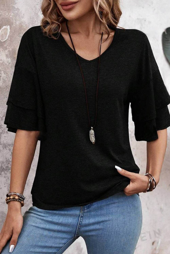 Sail Blue Solid Colour V-Neck Double Layer Sleeve Loose T-Shirt - Fashion Queen -  13