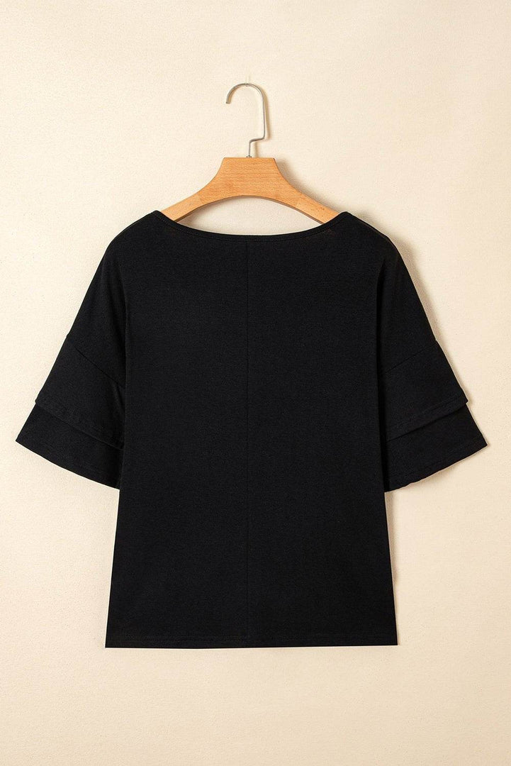 Sail Blue Solid Colour V-Neck Double Layer Sleeve Loose T-Shirt - Fashion Queen -  14
