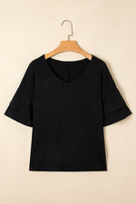 Load image into Gallery viewer, Sail Blue Solid Colour V-Neck Double Layer Sleeve Loose T-Shirt - Fashion Queen -  15
