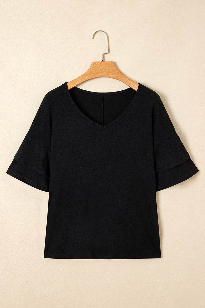 Sail Blue Solid Colour V-Neck Double Layer Sleeve Loose T-Shirt - Fashion Queen -  15