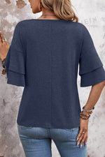 Load image into Gallery viewer, Sail Blue Solid Colour V-Neck Double Layer Sleeve Loose T-Shirt - Fashion Queen -  2
