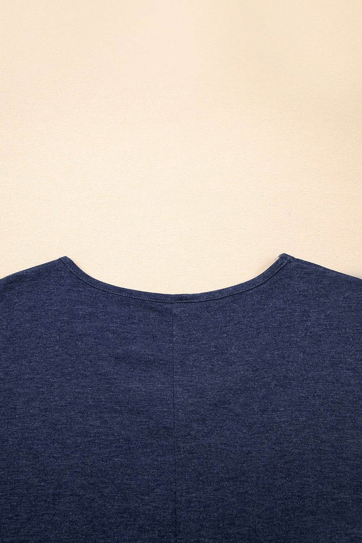 Sail Blue Solid Colour V-Neck Double Layer Sleeve Loose T-Shirt - Fashion Queen -  21