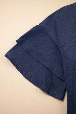 Load image into Gallery viewer, Sail Blue Solid Colour V-Neck Double Layer Sleeve Loose T-Shirt - Fashion Queen -  22
