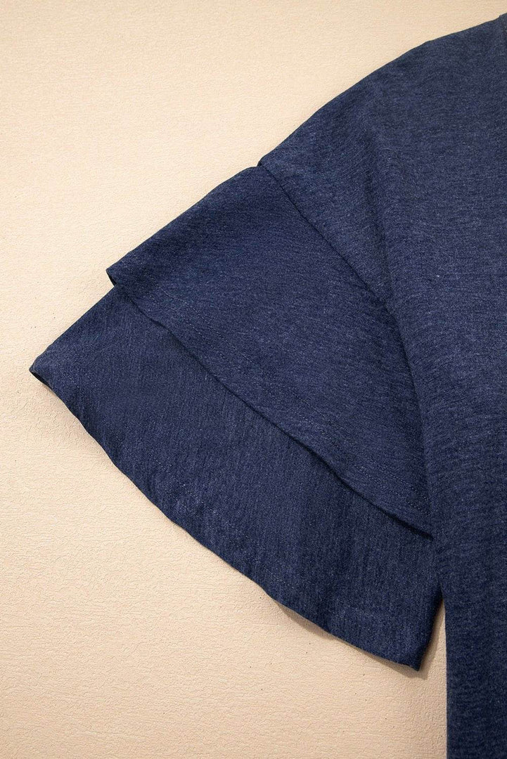 Sail Blue Solid Colour V-Neck Double Layer Sleeve Loose T-Shirt - Fashion Queen -  22