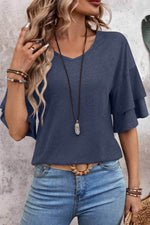 Load image into Gallery viewer, Sail Blue Solid Colour V-Neck Double Layer Sleeve Loose T-Shirt - Fashion Queen -  3
