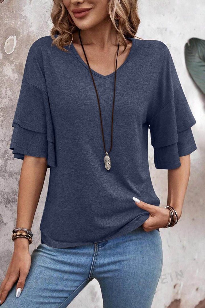 Sail Blue Solid Colour V-Neck Double Layer Sleeve Loose T-Shirt - Fashion Queen -  4