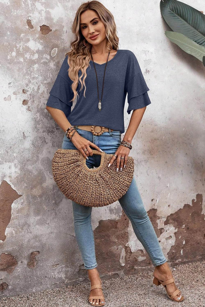 Sail Blue Solid Colour V-Neck Double Layer Sleeve Loose T-Shirt - Fashion Queen -  5