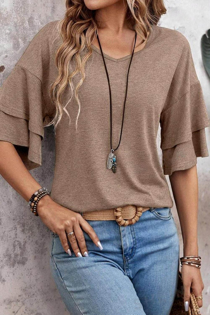 Sail Blue Solid Colour V-Neck Double Layer Sleeve Loose T-Shirt - Fashion Queen -  6