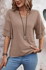 Load image into Gallery viewer, Sail Blue Solid Colour V-Neck Double Layer Sleeve Loose T-Shirt - Fashion Queen -  7
