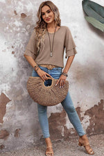 Load image into Gallery viewer, Sail Blue Solid Colour V-Neck Double Layer Sleeve Loose T-Shirt - Fashion Queen -  8
